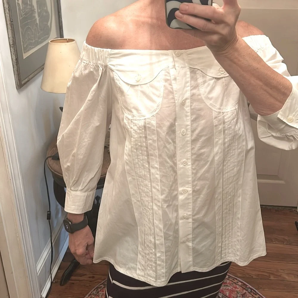 PRADA Sz 38 super rare, white cotton off the shoulder button front demure blouse